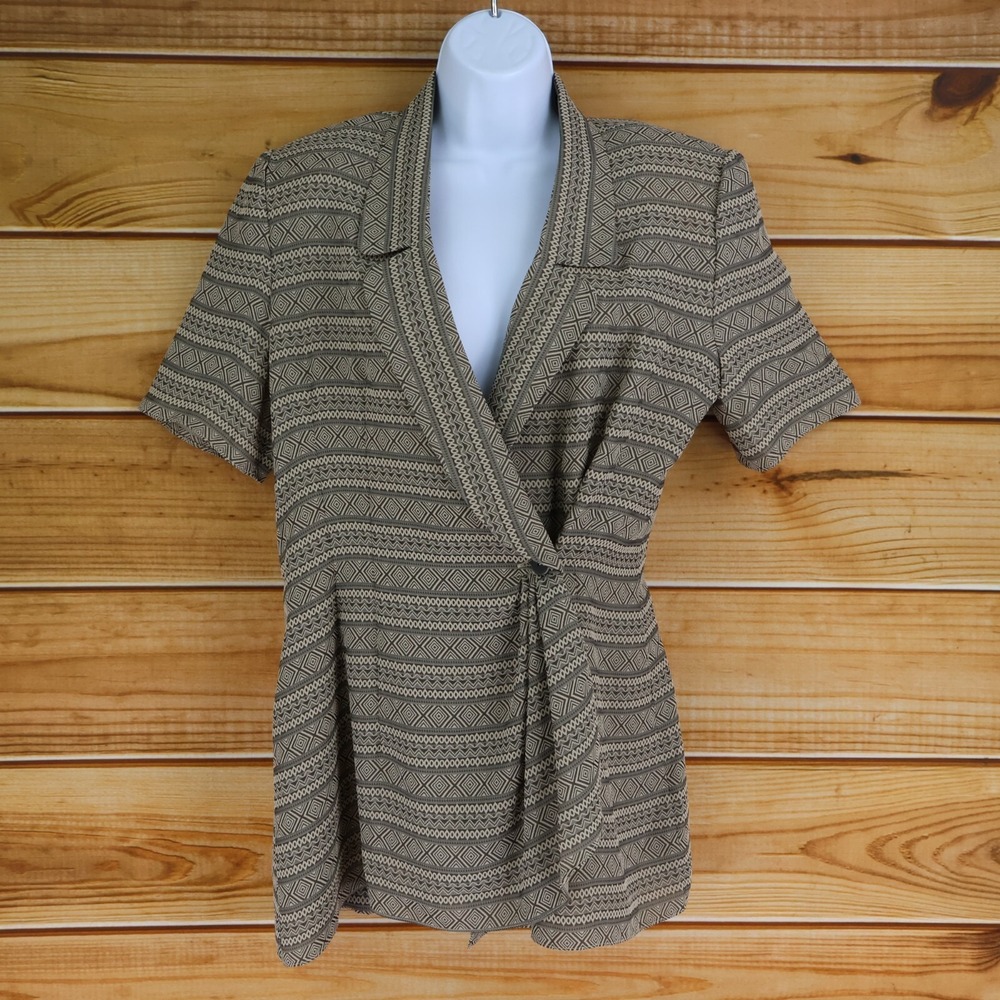 DW3 for David Warren Short Sleeve Blazer Womens 10 Brown Geometric Shoulder Pads